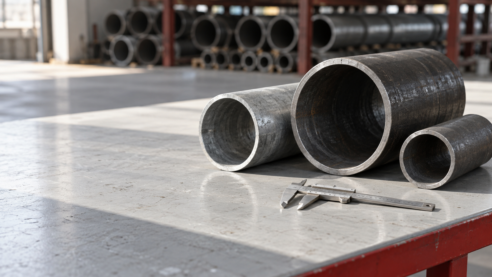 Illustration of steel pipe samples and a caliper on an industrial workbench.