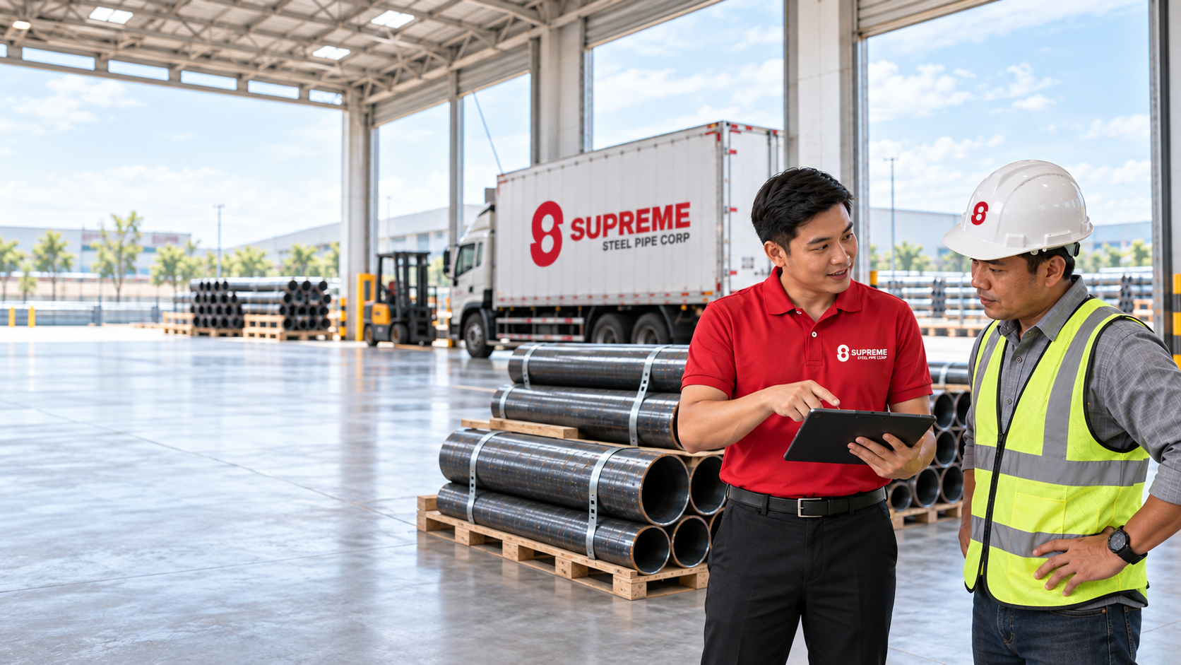 A Supreme adviser and project professional reviewing steel pipe requirements beside a delivery truck