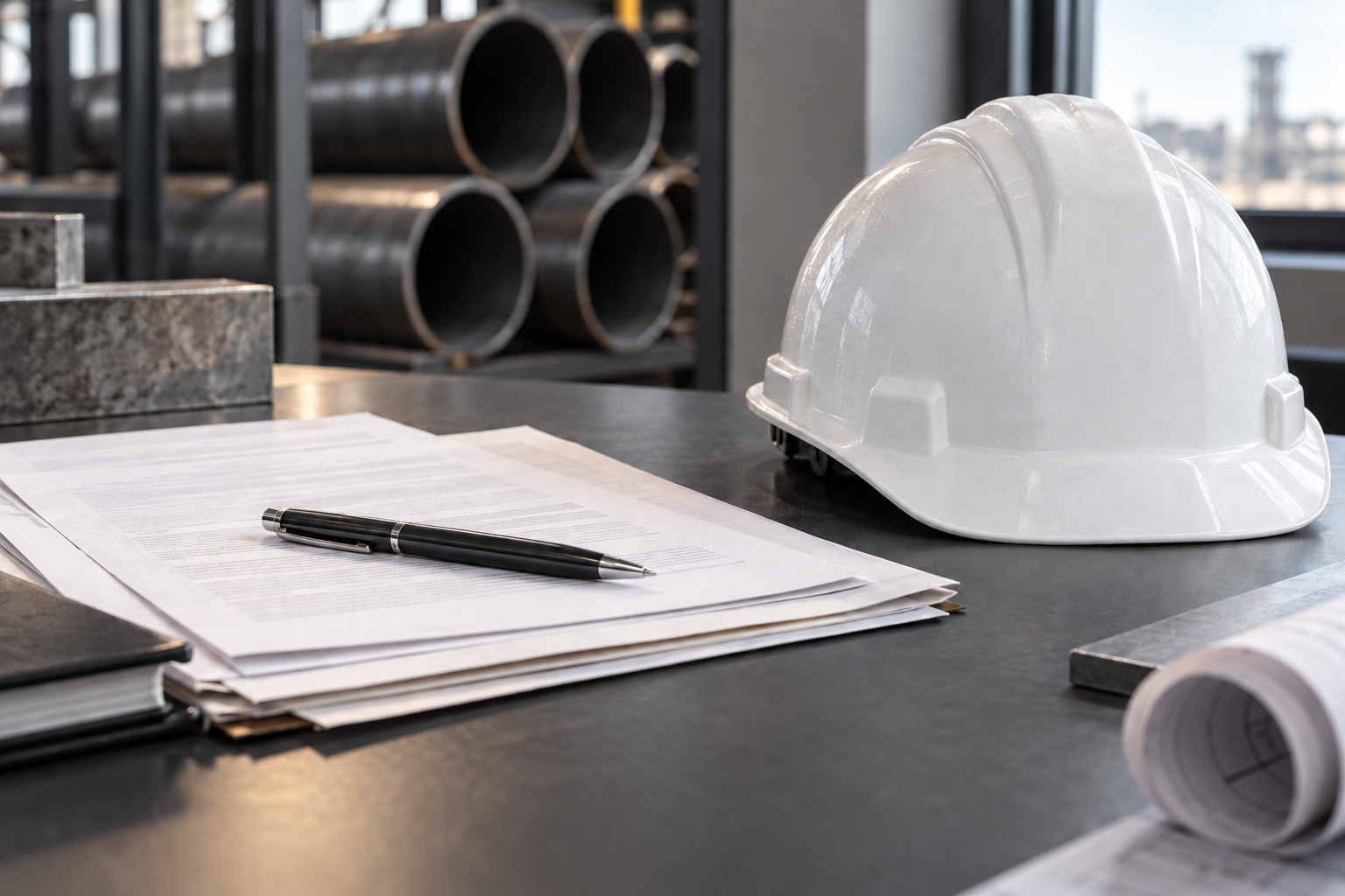 Paper documents and pen beside a white Supreme hard hat