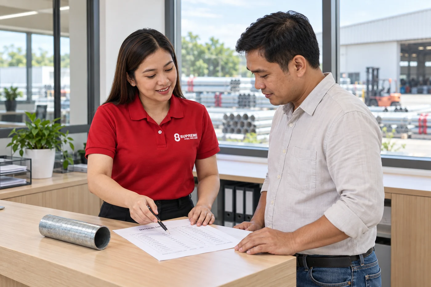 Illustration of a Supreme adviser discussing pipe requirements with a customer