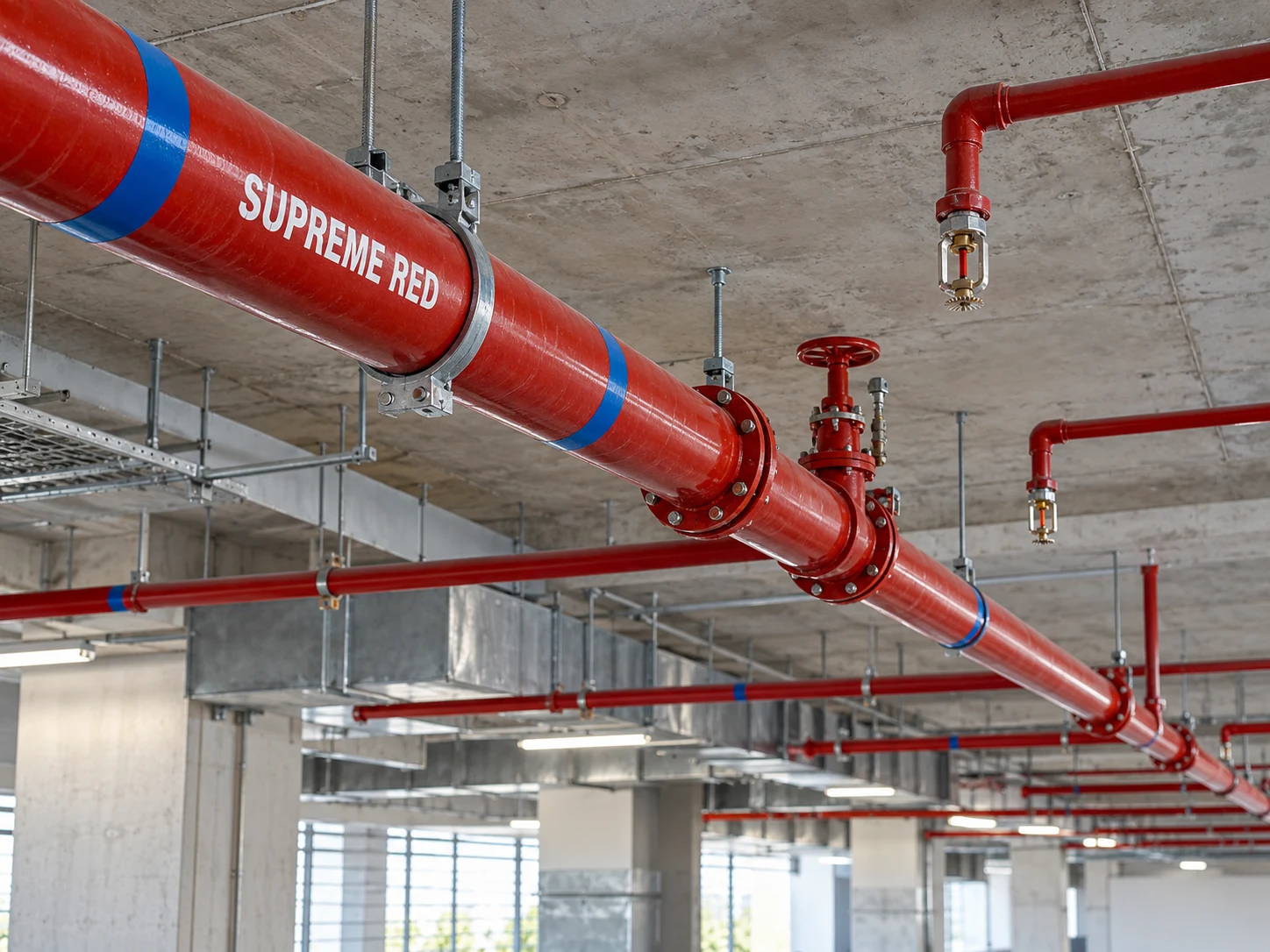 Illustration of marked red steel fire-protection piping beneath a building ceiling
