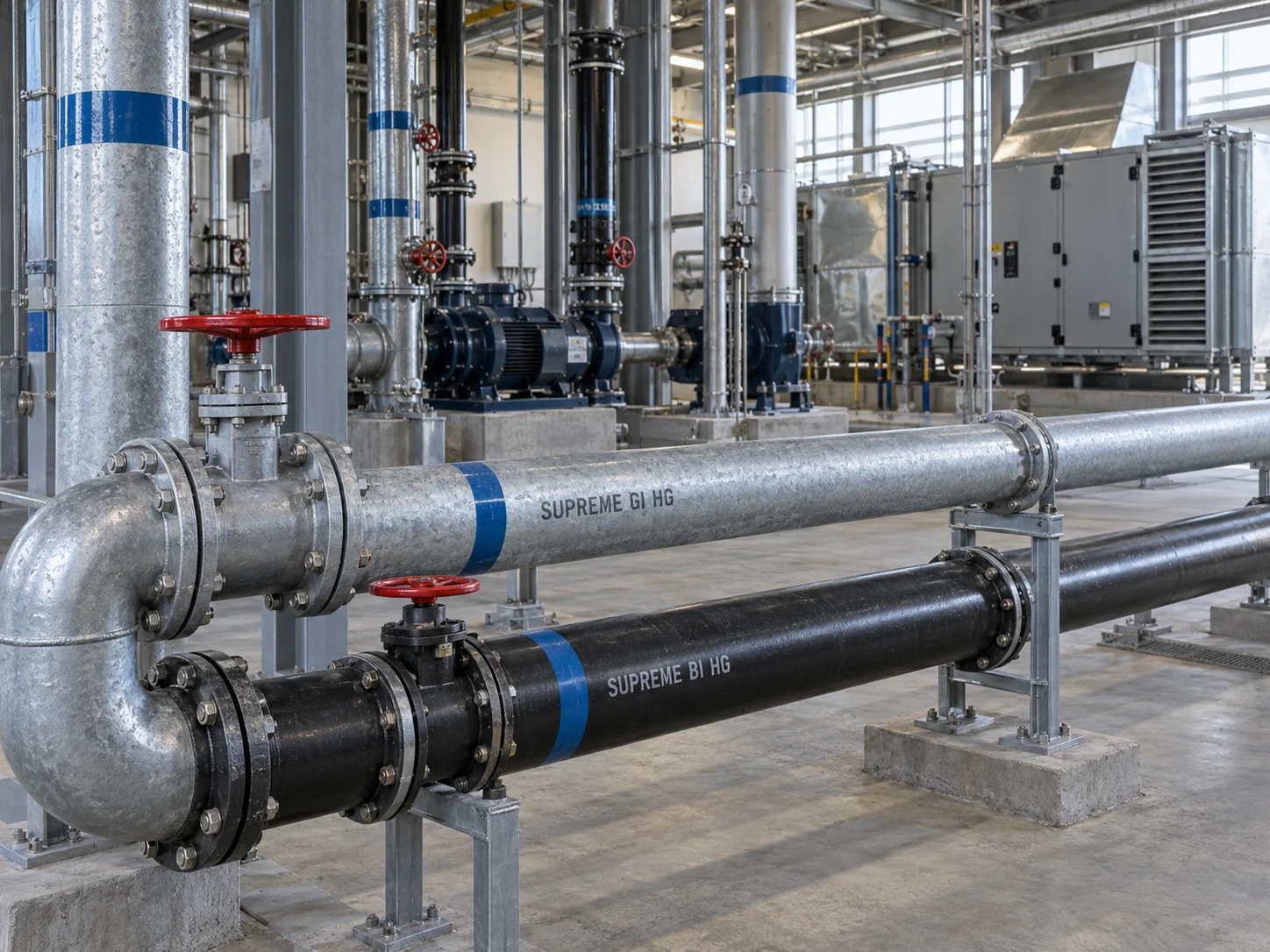 Illustration of galvanized and black steel pipes, pumps and equipment in a mechanical plant room