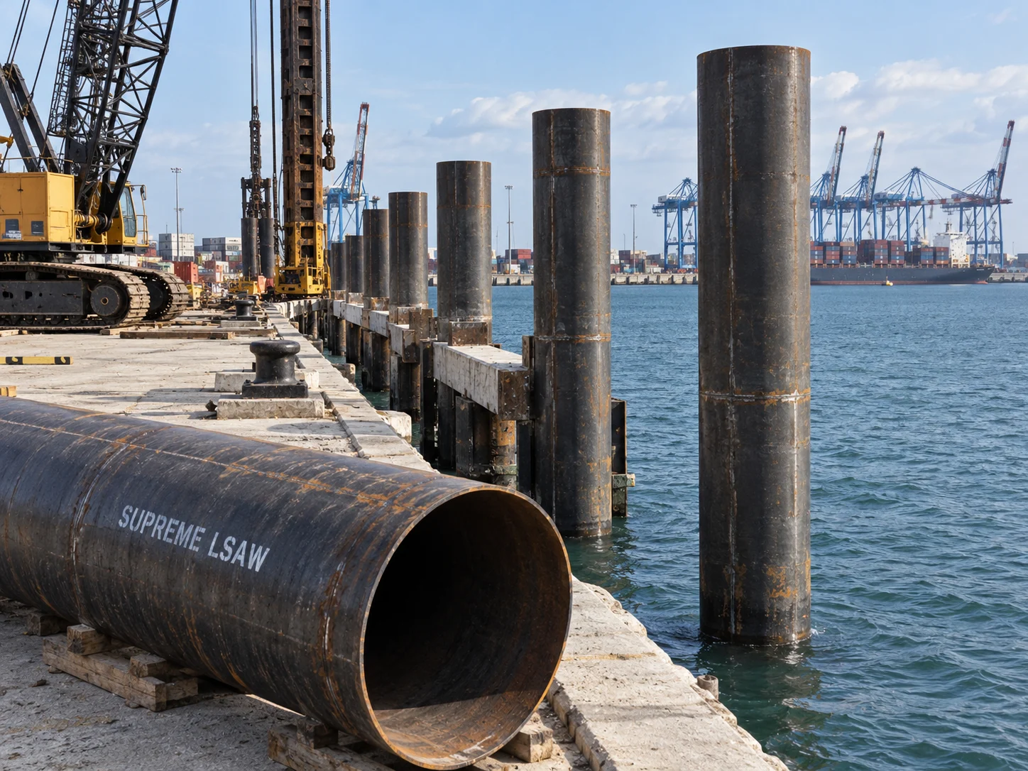 Illustration of steel tubular piles along a port quay with cranes in the background