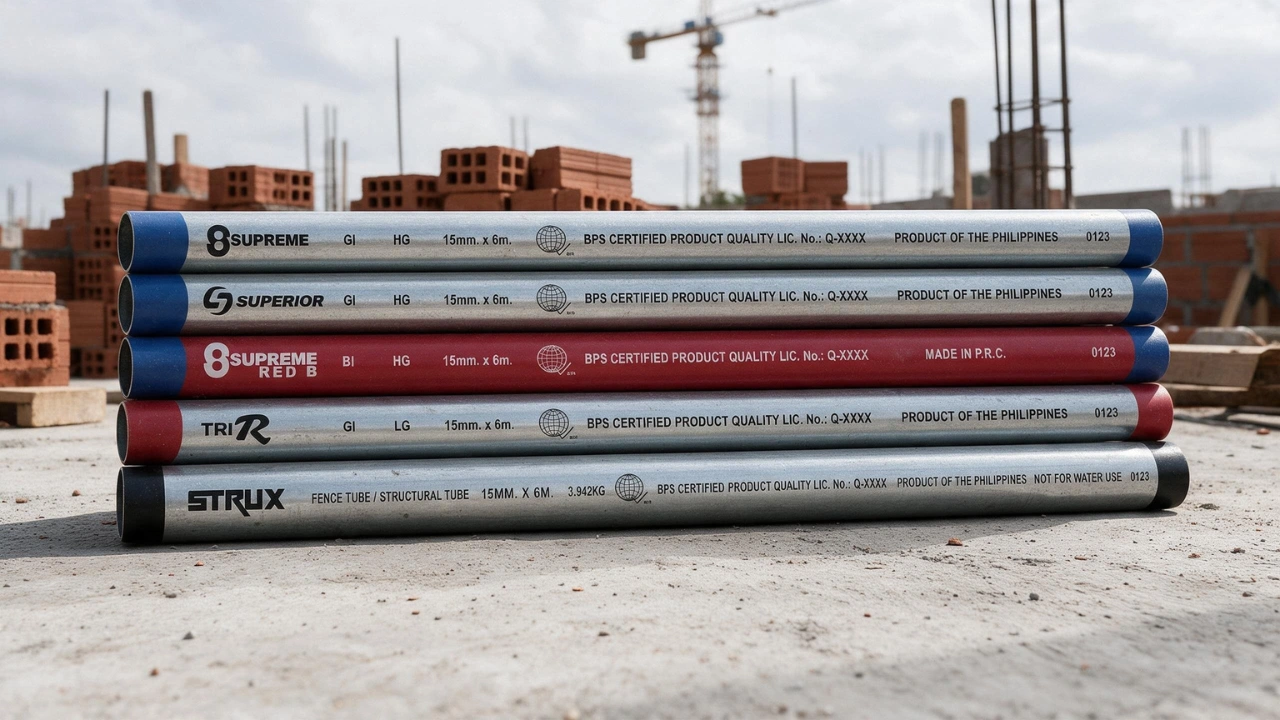 Illustration of marked Supreme, Superior, Supreme Red, TRI-R and STRUX pipes stacked at a construction site
