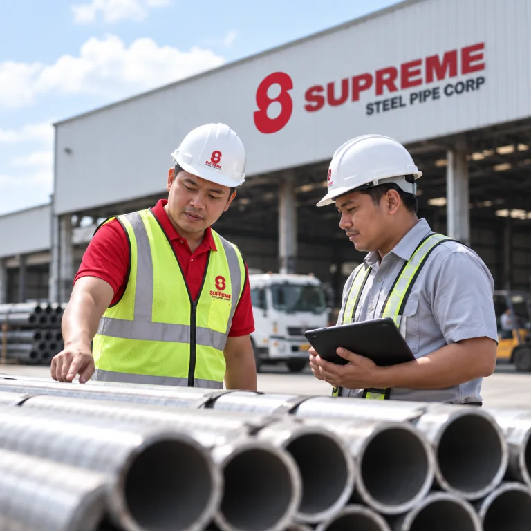 Illustration of a Supreme staff member in the red company polo and reflective safety vest reviewing steel pipes with a customer