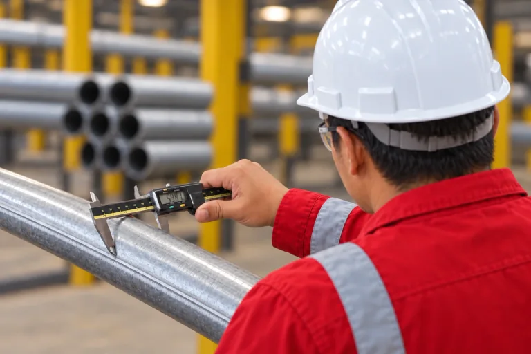 Illustration of a Supreme inspector using a digital caliper to check a steel pipe’s outside diameter