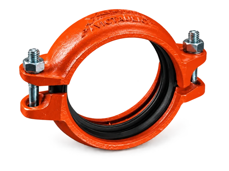 Illustration of an orange grooved coupling with Victaulic lettering, a black gasket and steel bolts