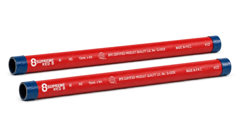 Illustration of two separated red Supreme Red B fire sprinkler pipes with blue identification bands
