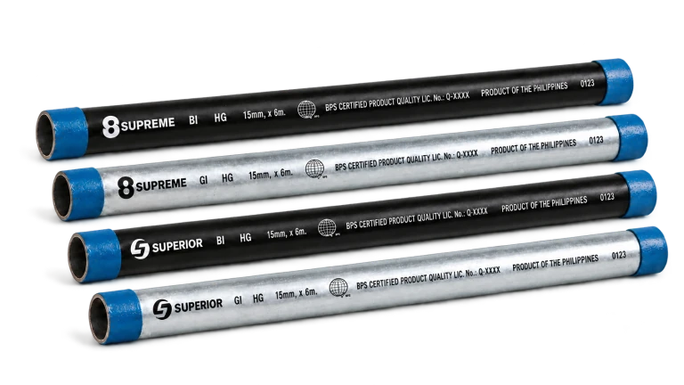 Illustration of four separated Supreme and Superior heavy-gauge pipes in black and galvanized finishes with blue identification bands