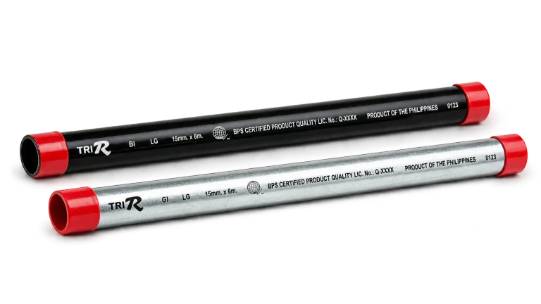 Illustration of black and galvanized TRI-R light-gauge pipes with red identification bands