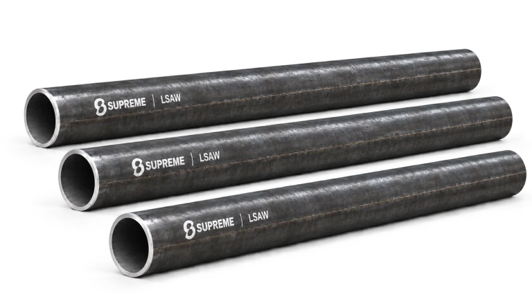 Illustration of three separated dark steel LSAW pipes with longitudinal seams and Supreme markings