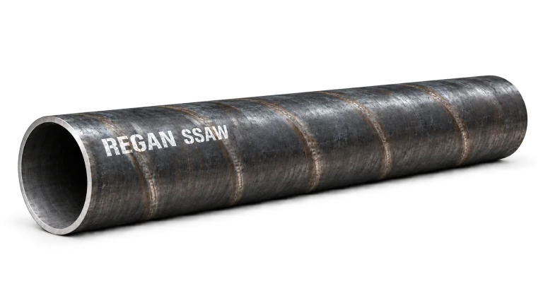 Illustration of a dark steel SSAW pipe with a spiral weld seam and Regan markings
