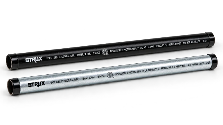Illustration of two separated black and galvanized STRUX structural tubes with black identification bands