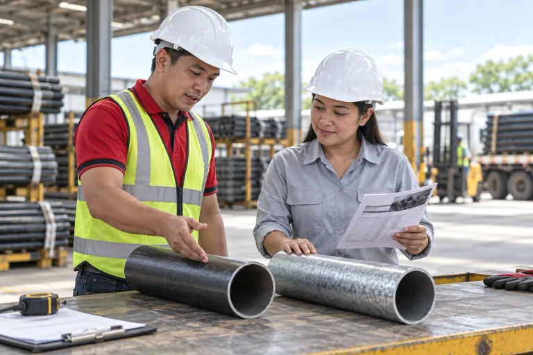 Illustration of a Supreme adviser and contractor comparing pipe samples