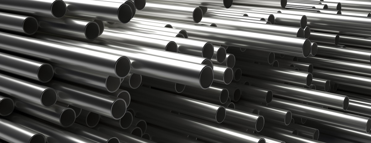 Pipes tubes steel metal, round profile, stacked full background. 3d illustration