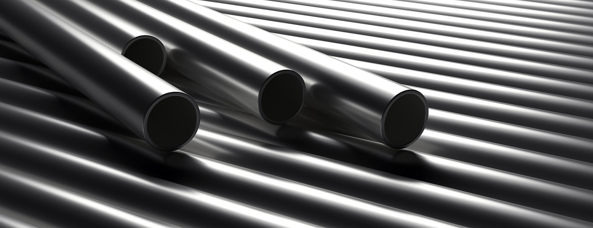Pipes tubes steel metal, round profile, stacked full background. 3d illustration