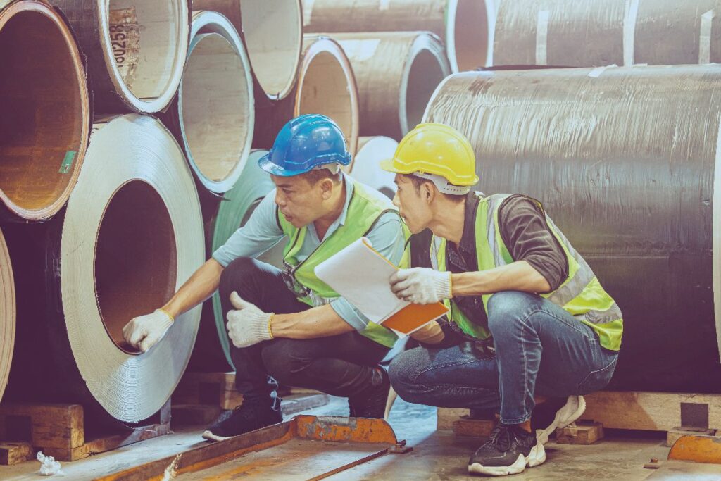 Construction workers inspecting large steel pipes for compliance and quality