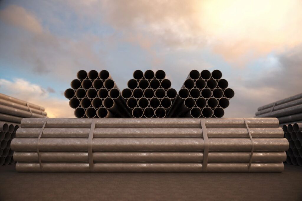 Bundled steel pipes stacked outdoors under the sky for construction and industrial applications