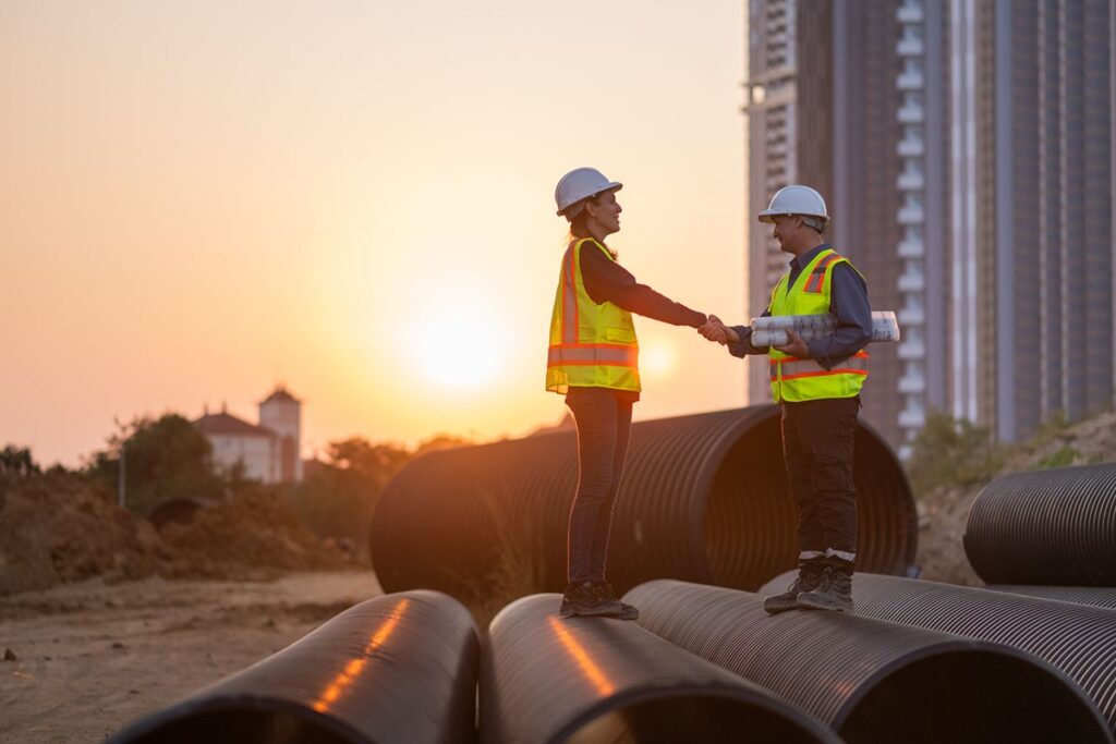 Two construction professionals wearing safety gear shake hands beside large pipes at a project site
