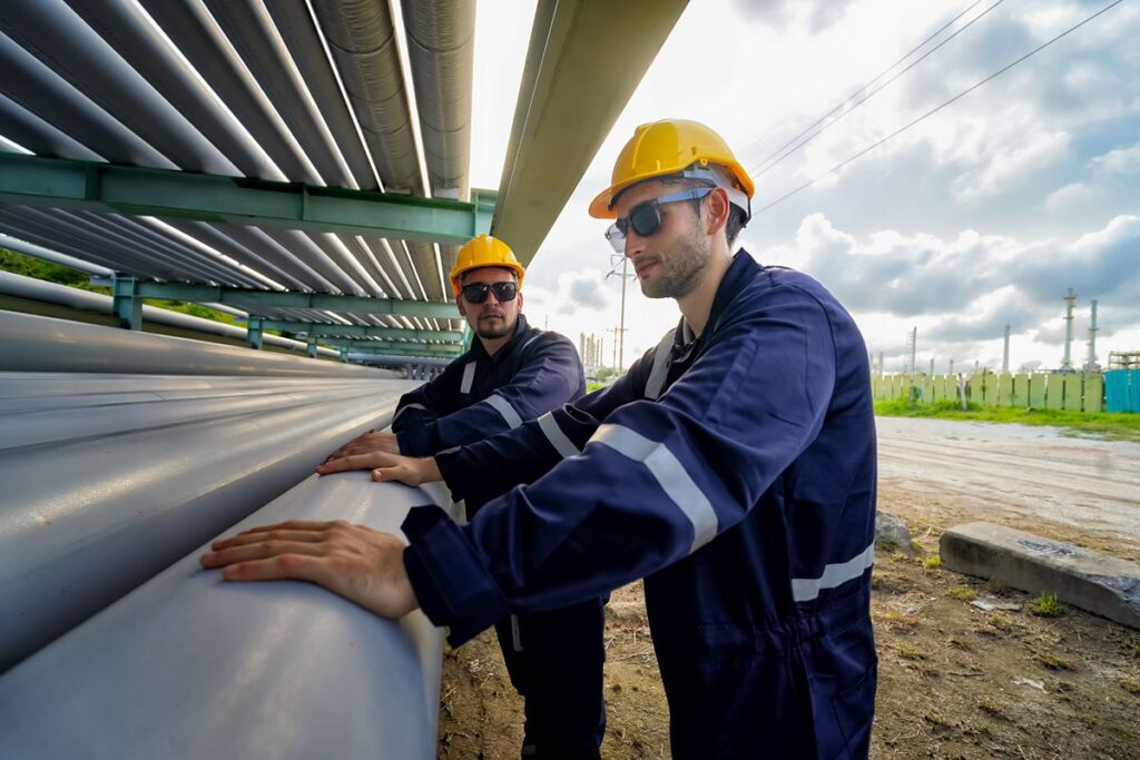 Two workers in hard hats inspect large steel pipes stored at an industrial facility