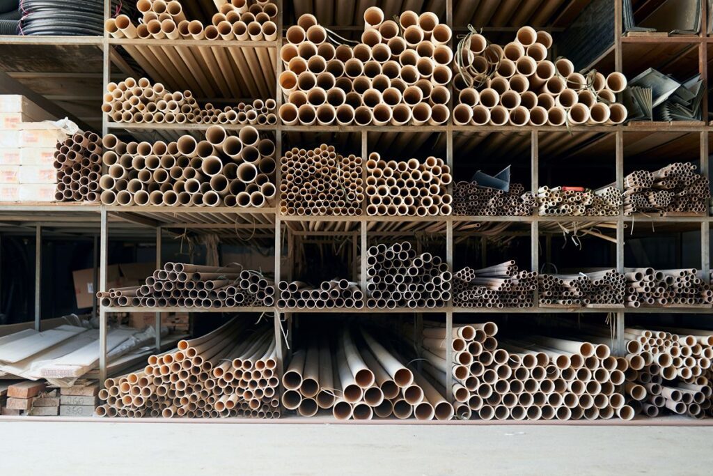 Multiple steel pipe sizes organized on warehouse racks, showing inventory availability for construction projects.