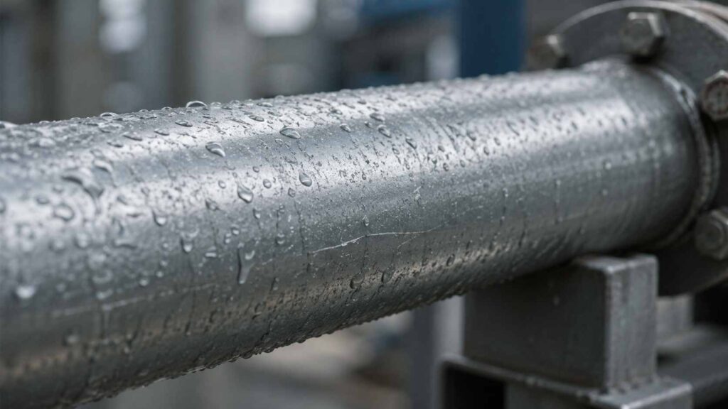 Close-up of a galvanized iron pipe with water droplets showing its zinc-coated surface under wet conditions.