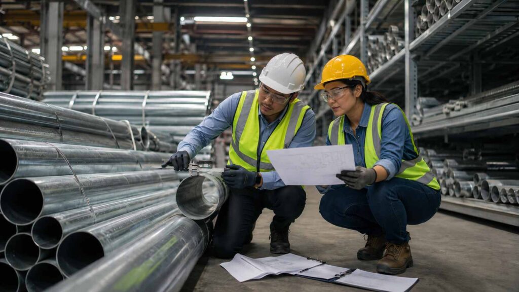 Filipino project professionals inspect galvanized iron pipes while reviewing measurements and technical documents in a warehouse