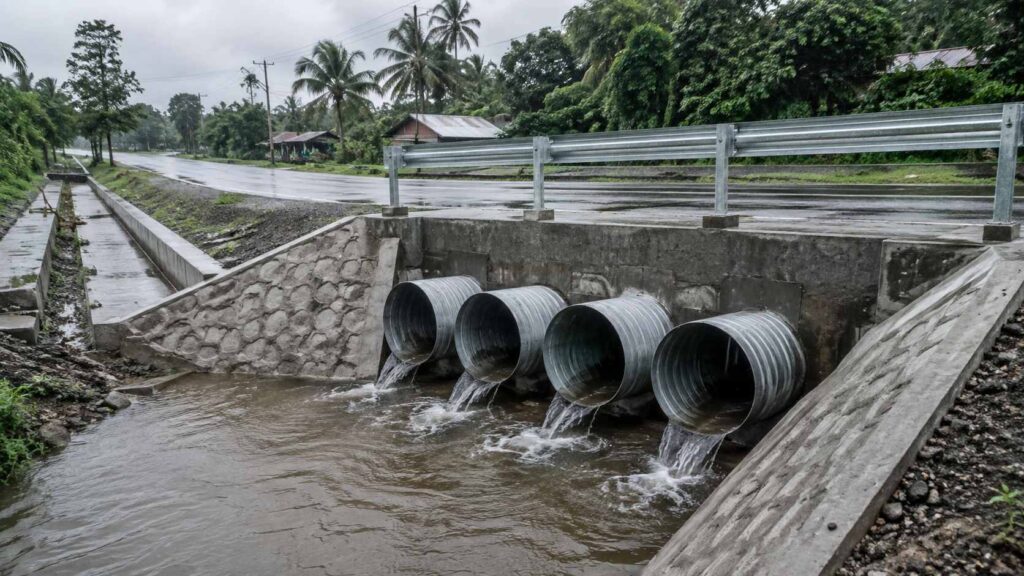 Galvanized drainage pipes discharging stormwater beside a wet roadside in a tropical flood-prone area