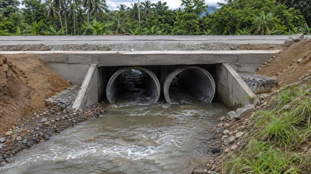 Large steel culvert pipes carry stormwater beneath a road crossing in a tropical drainage system