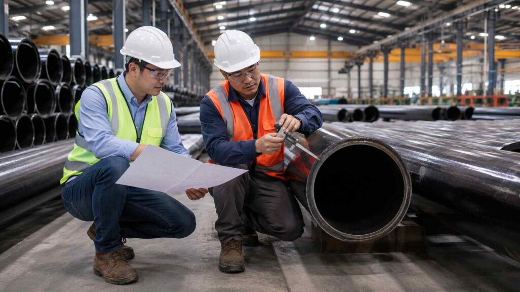 Two project professionals inspect a large steel pipe and review technical specifications inside an industrial warehouse