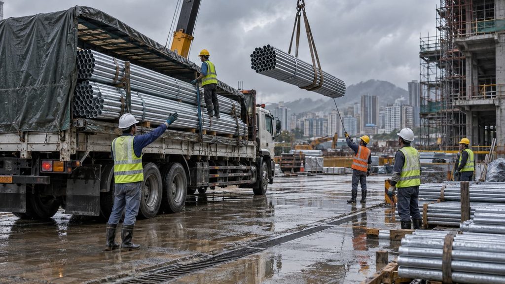 Workers unload galvanized iron pipes from a delivery truck at a wet construction site after rainfall