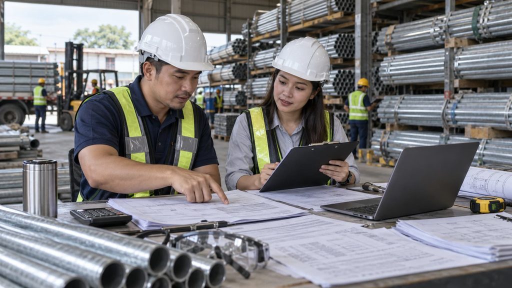 Filipino procurement professionals review galvanized iron pipe specifications and delivery plans for rainy-season construction