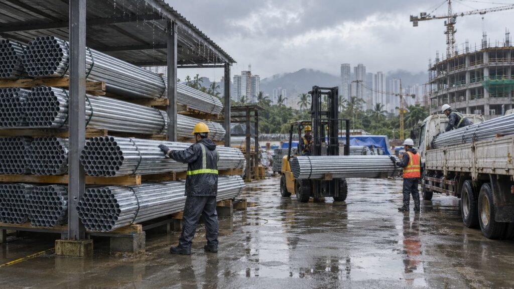 Galvanized iron pipes stored and handled at a wet Philippine construction site during the rainy season
