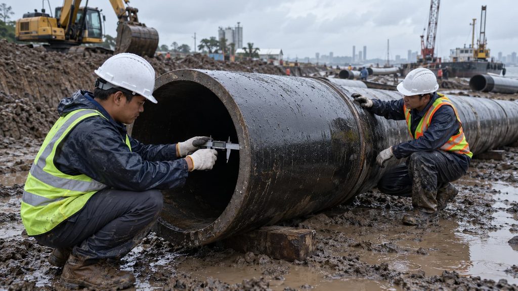 Filipino construction professionals inspect heavy gauge steel pipe thickness and condition at a rainy-season project site
