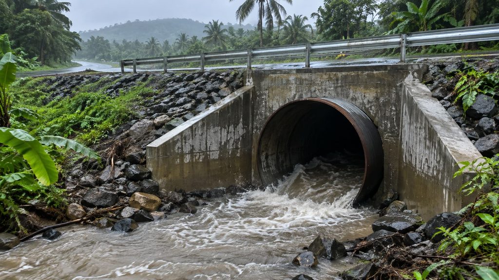 Heavy gauge steel culvert pipe carries stormwater beneath a roadway in wet tropical conditions