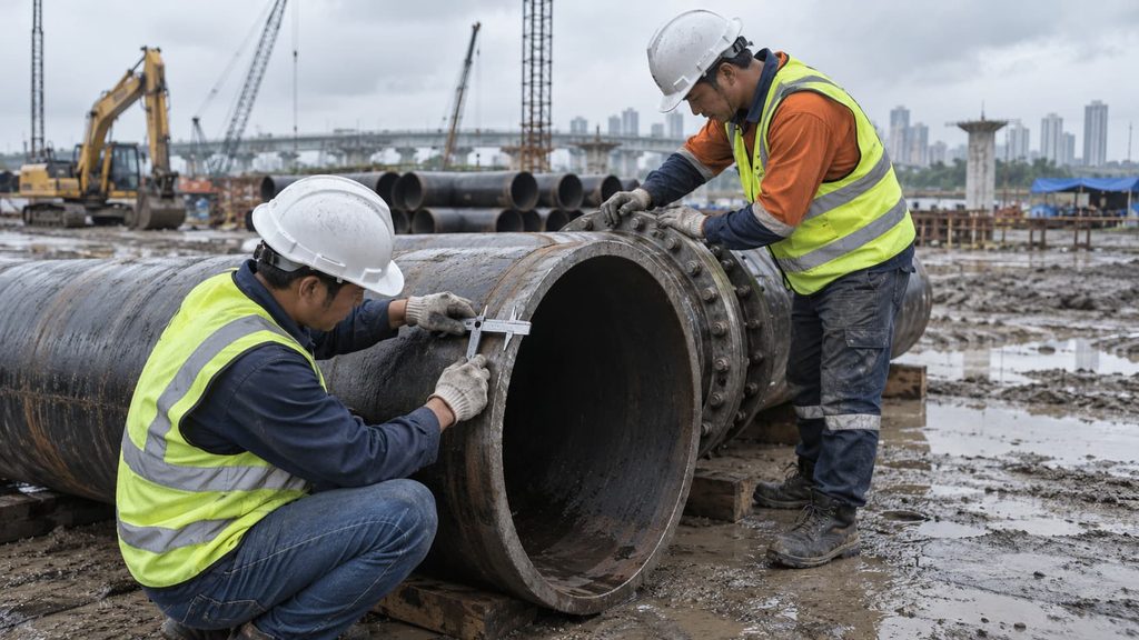 Filipino construction professionals inspect heavy gauge steel pipe wall thickness and joints at a wet project site