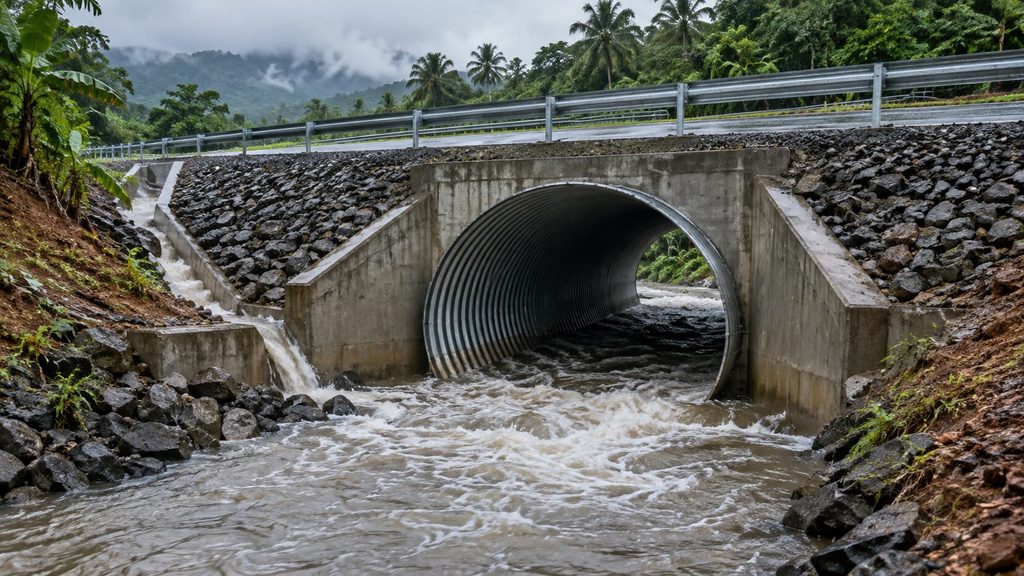 Heavy gauge steel drainage pipe carries stormwater beneath a roadway during rainy-season conditions