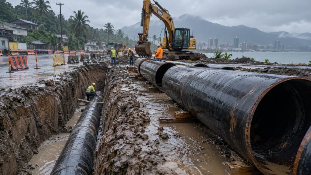Heavy gauge steel pipes at a rain-soaked Philippine construction site for drainage and infrastructure work