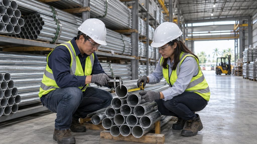 Filipino project professionals inspect galvanized light gauge pipes for coating quality, size, and wall thickness