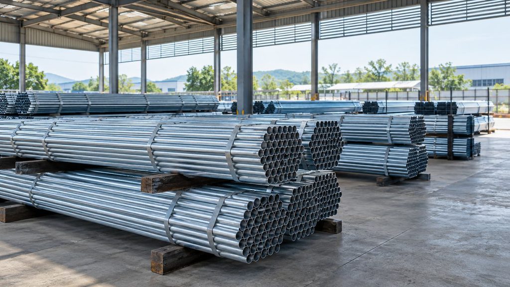 Galvanized light gauge pipes stored above the ground in a ventilated covered area to reduce moisture exposure