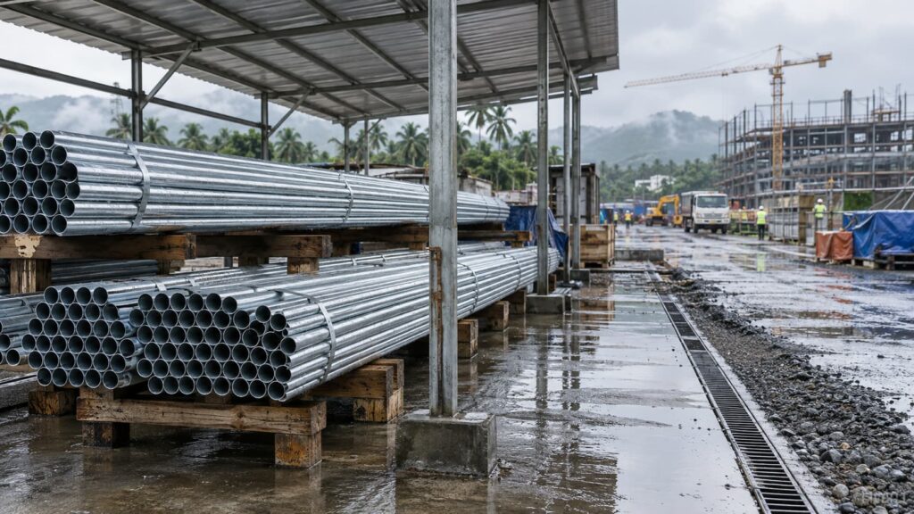 Galvanized light gauge pipes stored on elevated supports at a wet construction site in the Philippines