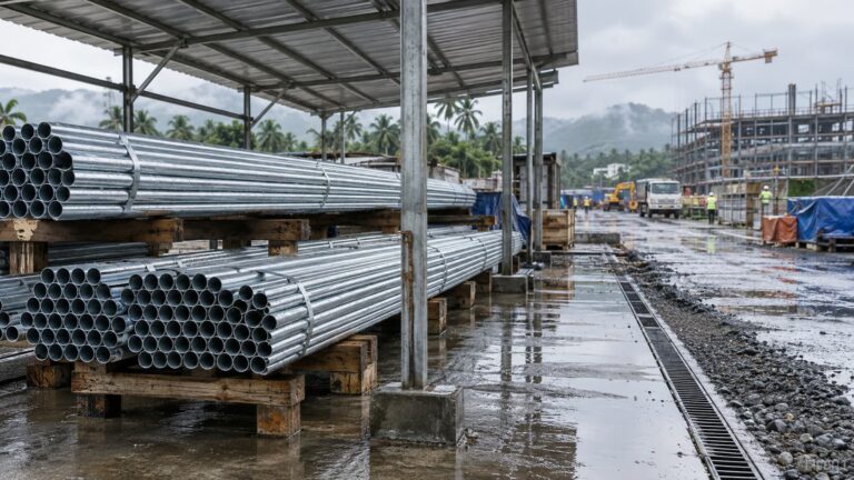Galvanized light gauge pipes stored on elevated supports at a wet construction site in the Philippines