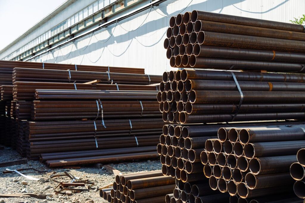 Bundles of black iron pipes stacked at an industrial supply yard for construction and pressure-related applications